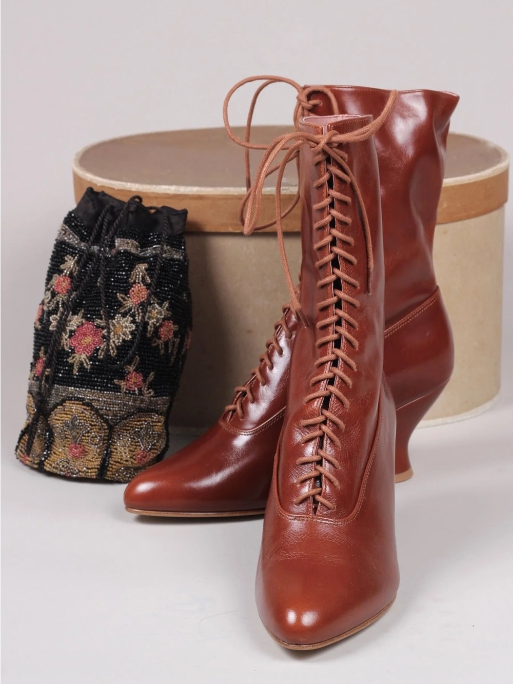NIB Memery 1910S FEMININE SOFT EDWARDIAN BOOT WITH HEEL COGNAC BROWN Size 8